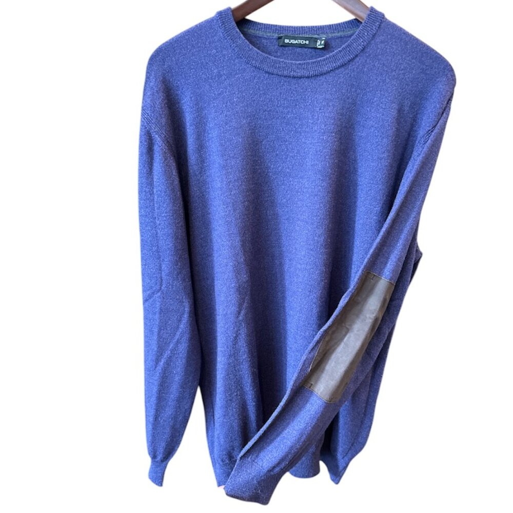Bugatchi Merino Wool Crew Neck Sweater w/ Suede-Like Elbow Patches